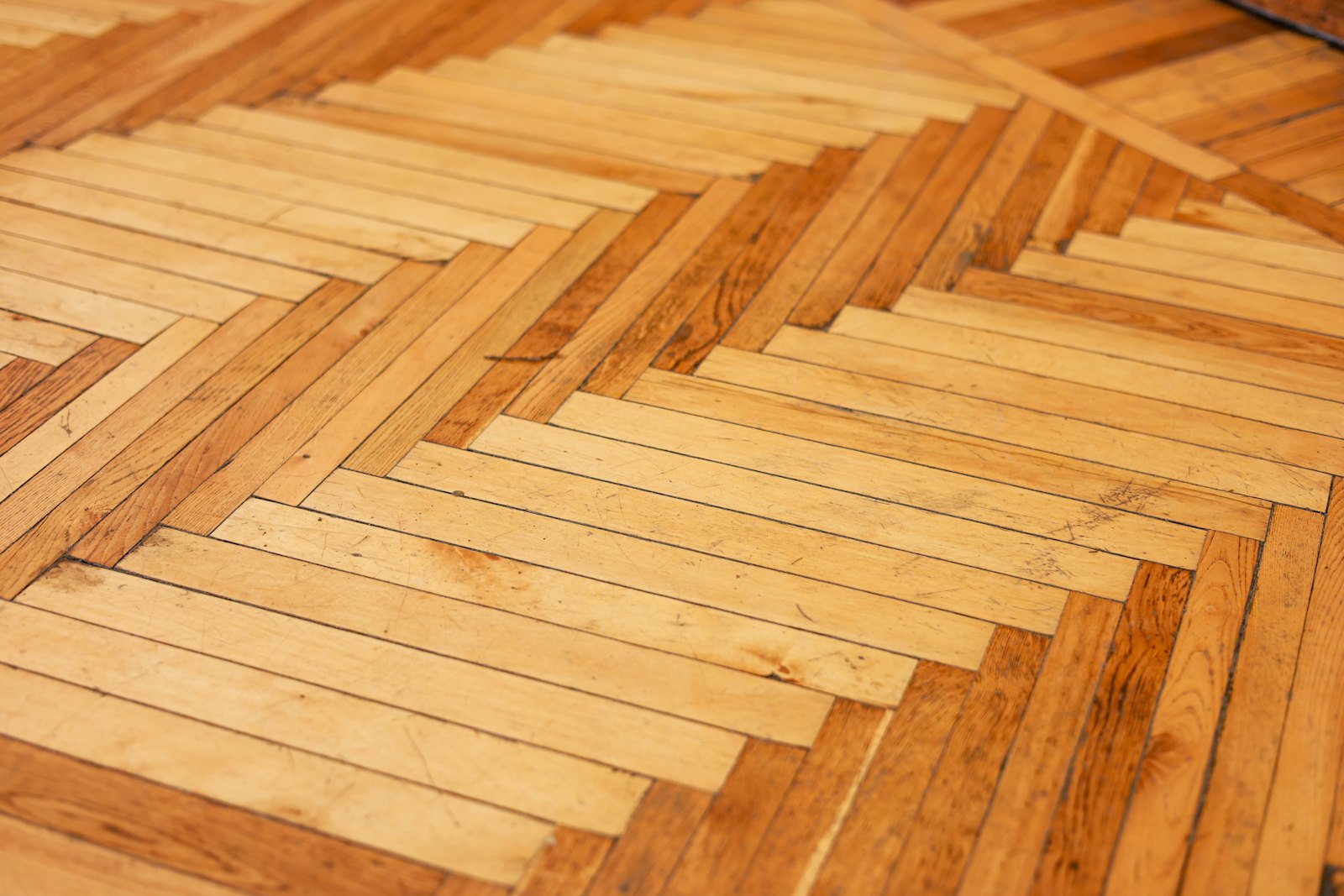 Close-up of a herringbone wood floor